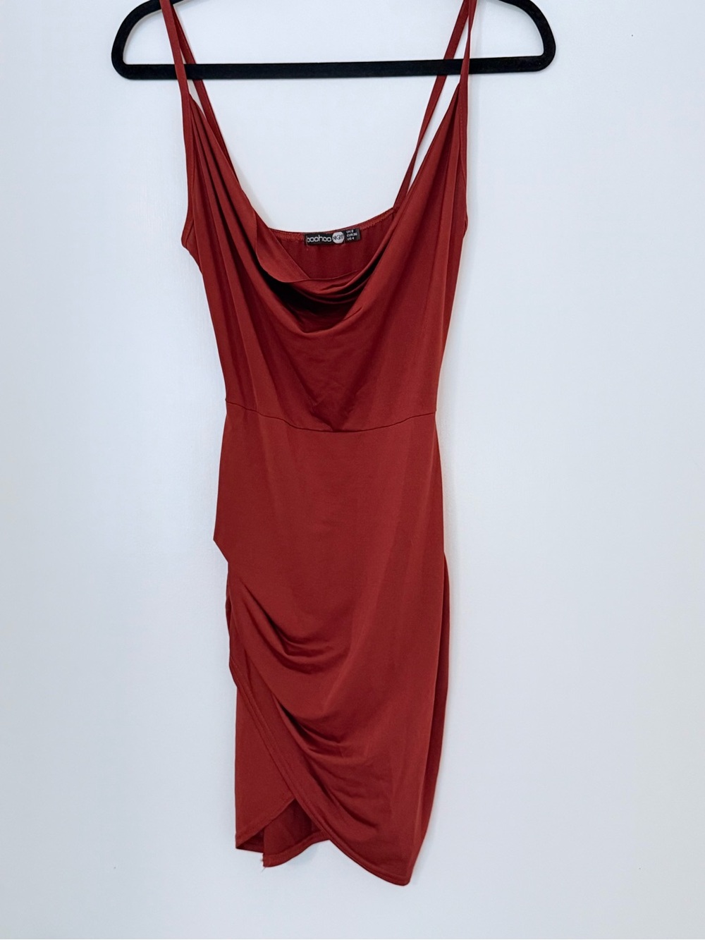 Boohoo Rust Cowl Neck Drape Front Slip Bodycon Dress US4